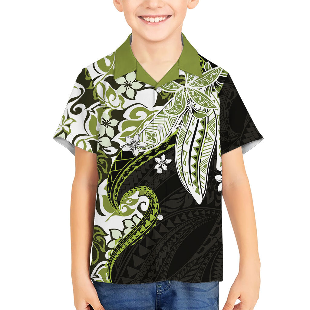 Monstera Plumeria Flowers Olive Green Family Matching Off The Shoulder Long Sleeve Dress and Hawaiian Shirt Polynesian Pattern