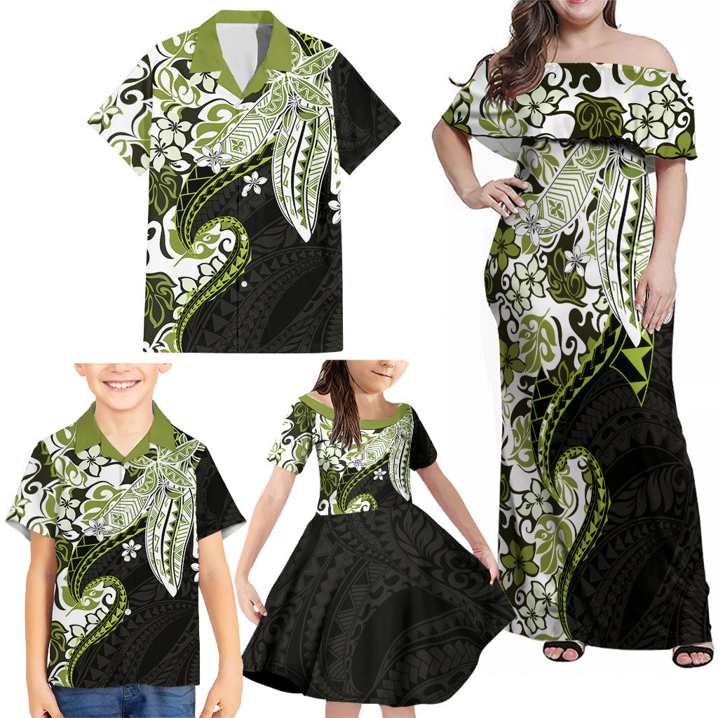 Monstera Plumeria Flowers Olive Green Family Matching Off Shoulder Maxi Dress and Hawaiian Shirt Polynesian Pattern LT01 - Polynesian Pride