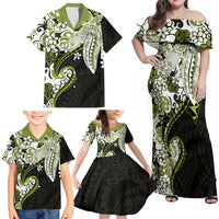 Monstera Plumeria Flowers Olive Green Family Matching Off Shoulder Maxi Dress and Hawaiian Shirt Polynesian Pattern LT01 - Polynesian Pride