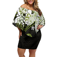 Monstera Plumeria Flowers Olive Green Family Matching Off Shoulder Short Dress and Hawaiian Shirt Polynesian Pattern LT01 Mom's Dress Green - Polynesian Pride