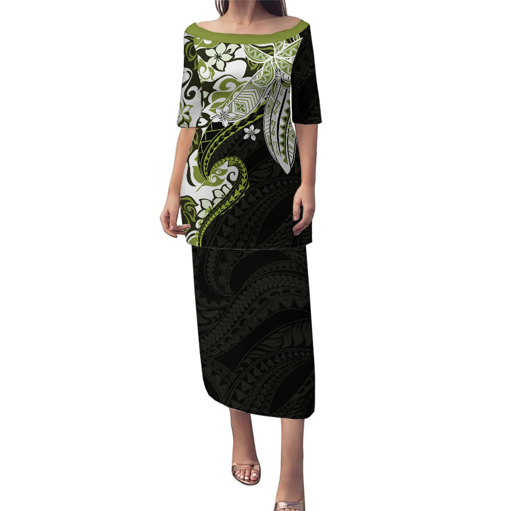 Monstera Plumeria Flowers Olive Green Family Matching Puletasi and Hawaiian Shirt Polynesian Pattern LT01 Mom's Dress Green - Polynesian Pride