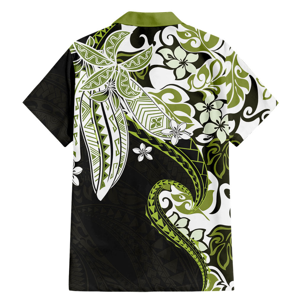 Monstera Plumeria Flowers Olive Green Family Matching Short Sleeve Bodycon Dress and Hawaiian Shirt Polynesian Pattern LT01 - Polynesian Pride