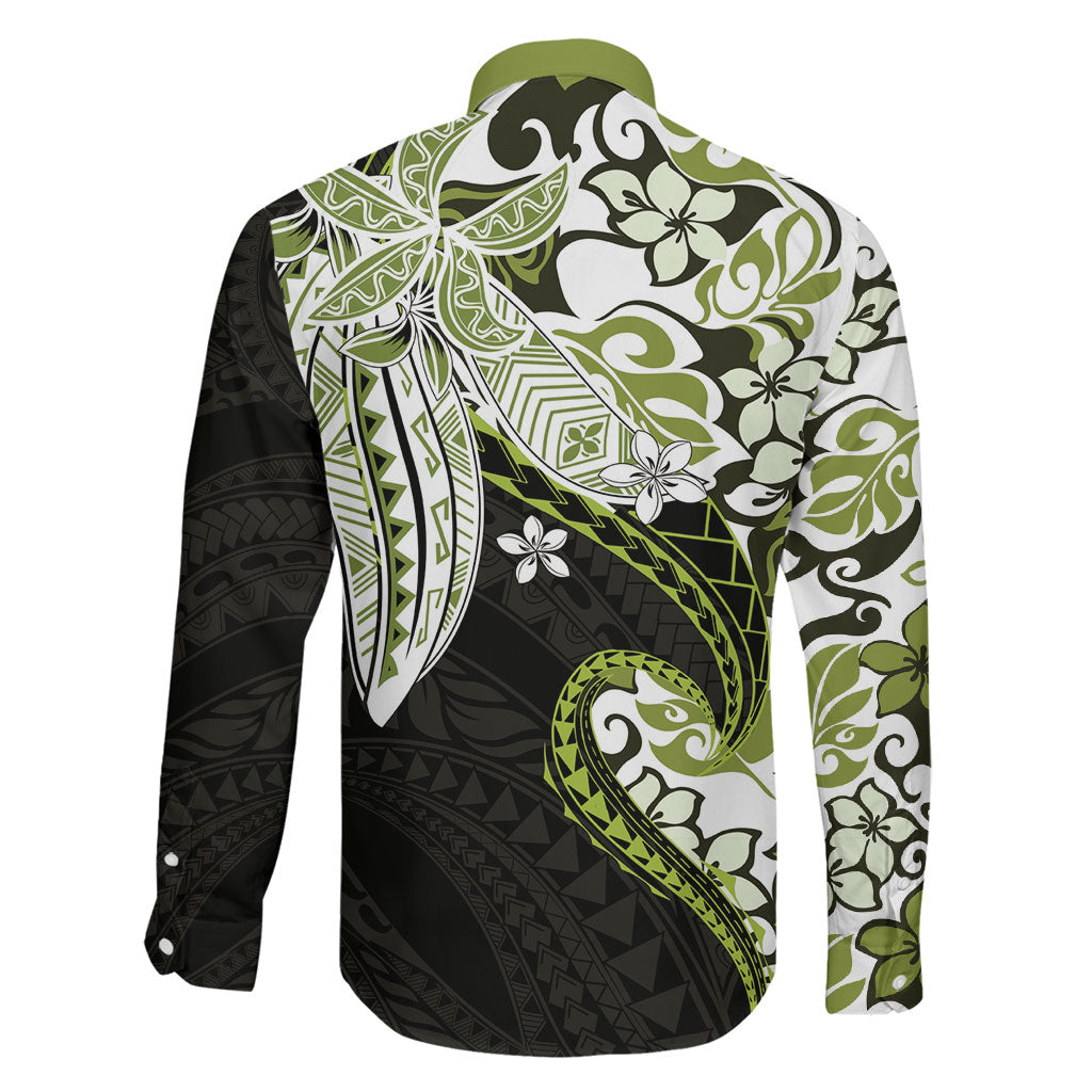 Monstera Plumeria Flowers Olive Green Family Matching Short Sleeve Bodycon Dress and Hawaiian Shirt Polynesian Pattern LT01 - Polynesian Pride