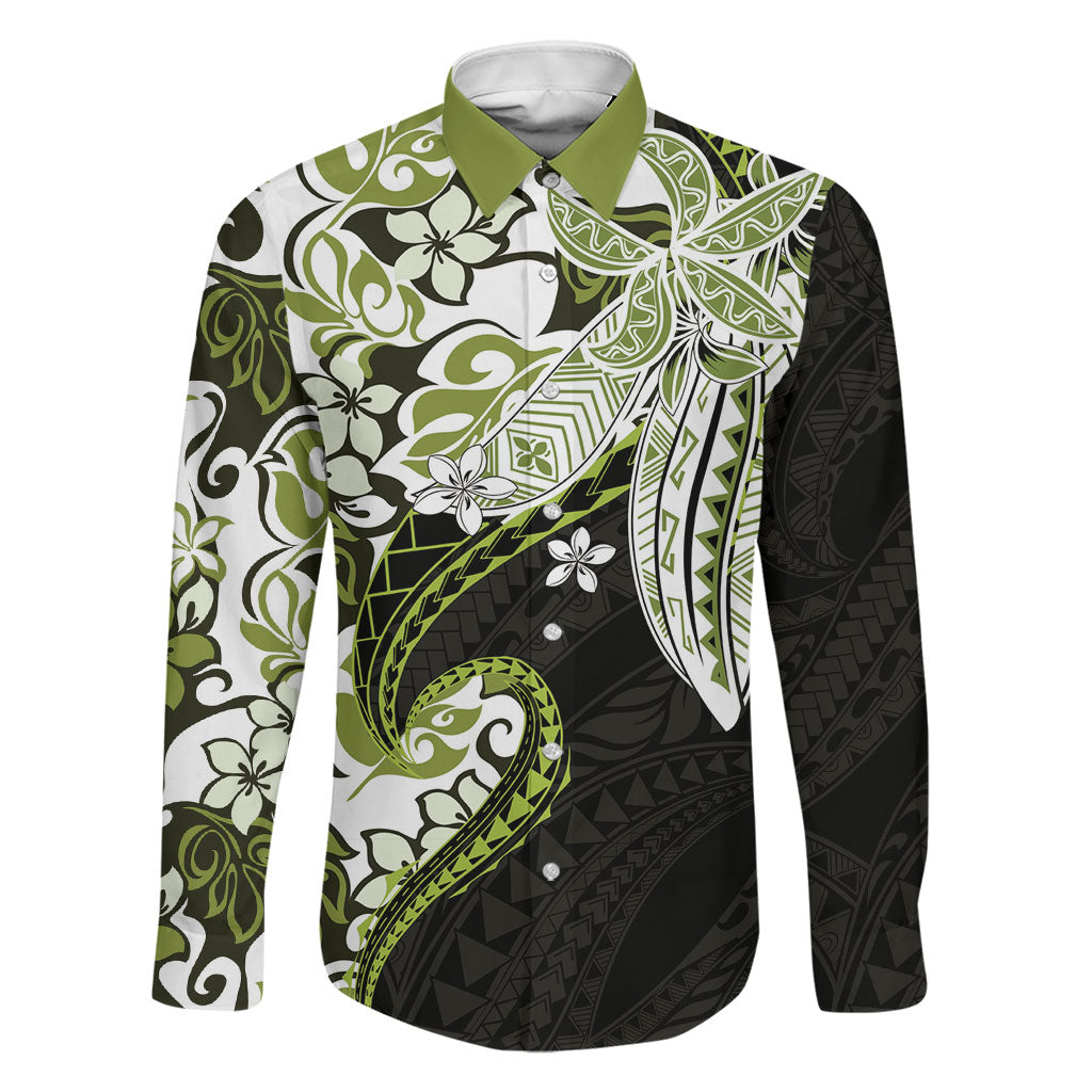 Monstera Plumeria Flowers Olive Green Family Matching Summer Maxi Dress and Hawaiian Shirt Polynesian Pattern LT01 Dad's Shirt - Long Sleeve Green - Polynesian Pride