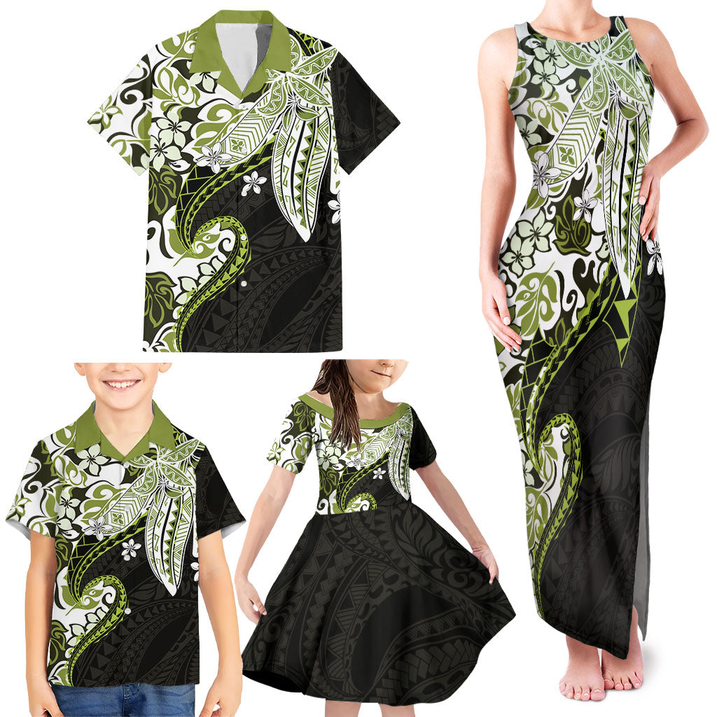 Monstera Plumeria Flowers Olive Green Family Matching Tank Maxi Dress and Hawaiian Shirt Polynesian Pattern