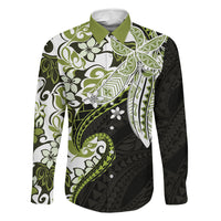 Monstera Plumeria Flowers Olive Green Family Matching Tank Maxi Dress and Hawaiian Shirt Polynesian Pattern