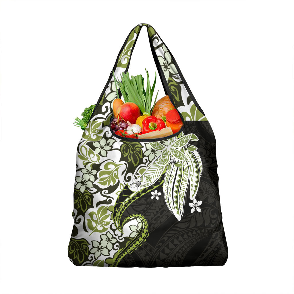 Monstera Plumeria Flowers Olive Green Grocery Bag Polynesian Pattern LT01 1-pack One Size Green - Polynesian Pride