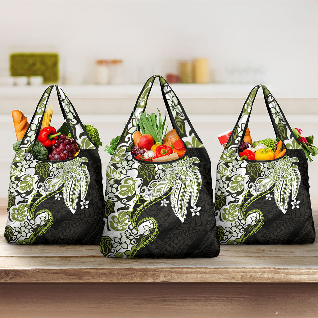 Monstera Plumeria Flowers Olive Green Grocery Bag Polynesian Pattern