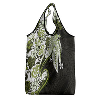 Monstera Plumeria Flowers Olive Green Grocery Bag Polynesian Pattern