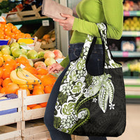 Monstera Plumeria Flowers Olive Green Grocery Bag Polynesian Pattern