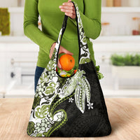 Monstera Plumeria Flowers Olive Green Grocery Bag Polynesian Pattern