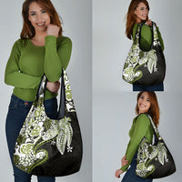Monstera Plumeria Flowers Olive Green Grocery Bag Polynesian Pattern