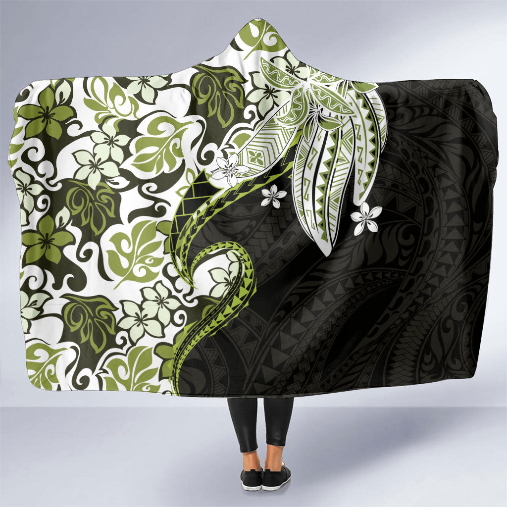 Monstera Plumeria Flowers Olive Green Hooded Blanket Polynesian Pattern LT01 One Size Green - Polynesian Pride