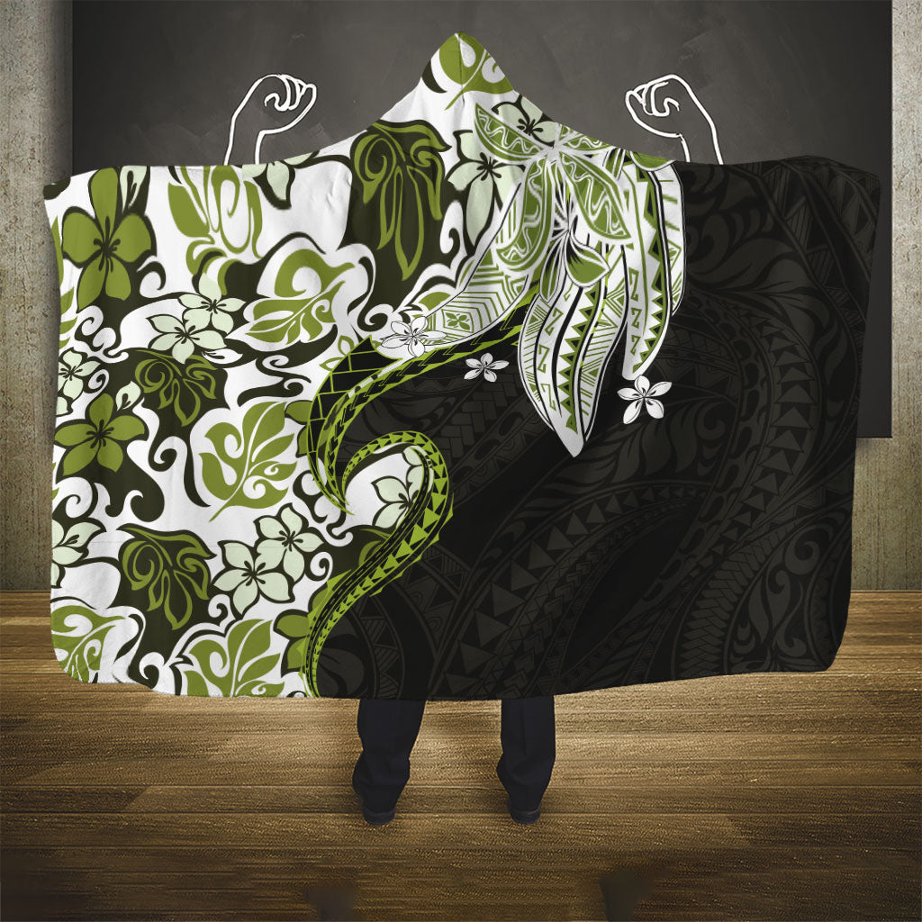 Monstera Plumeria Flowers Olive Green Hooded Blanket Polynesian Pattern