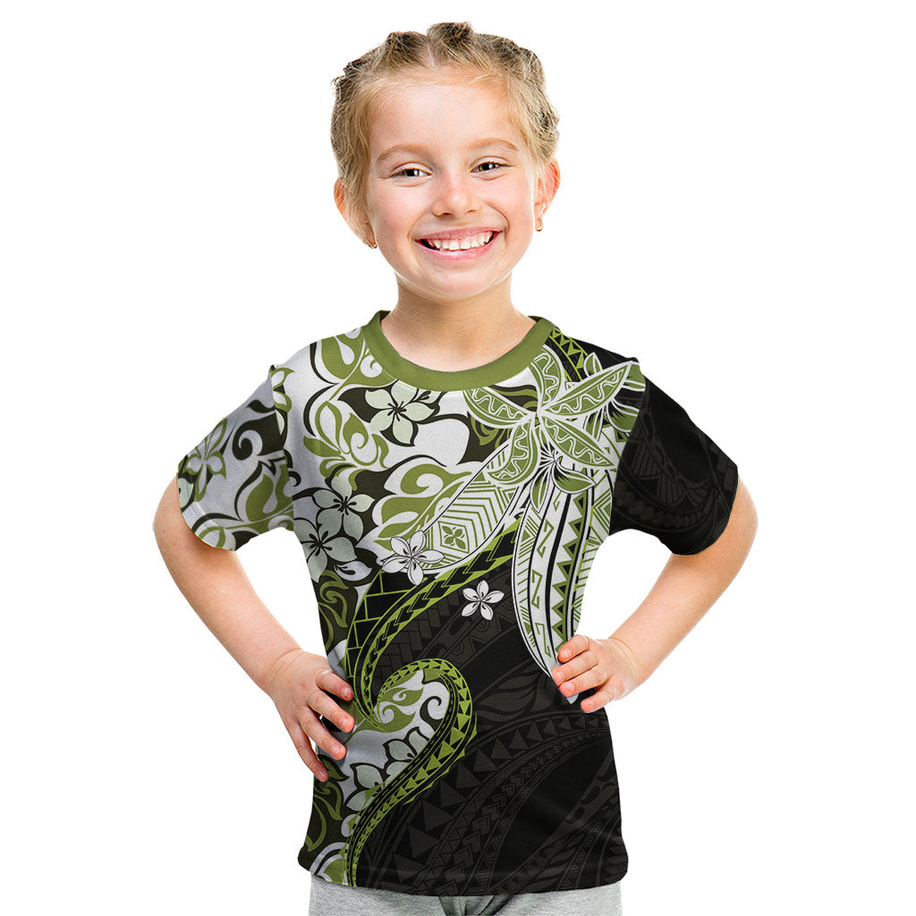 Monstera Plumeria Flowers Olive Green Kid T Shirt Polynesian Pattern LT01 Green - Polynesian Pride