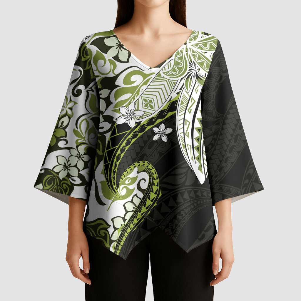 Monstera Plumeria Flowers Olive Green Kimono Sleeve Blouse Polynesian Pattern