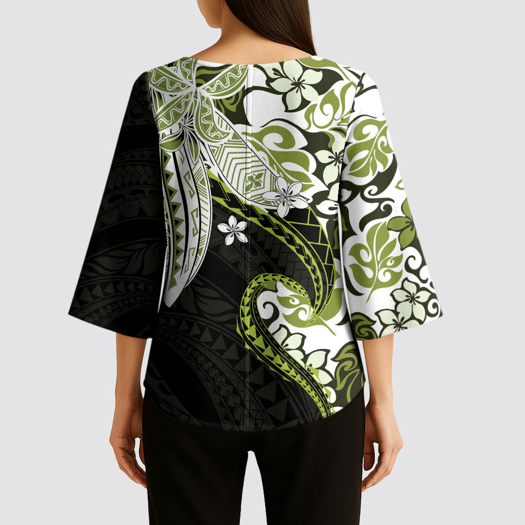 Monstera Plumeria Flowers Olive Green Kimono Sleeve Blouse Polynesian Pattern