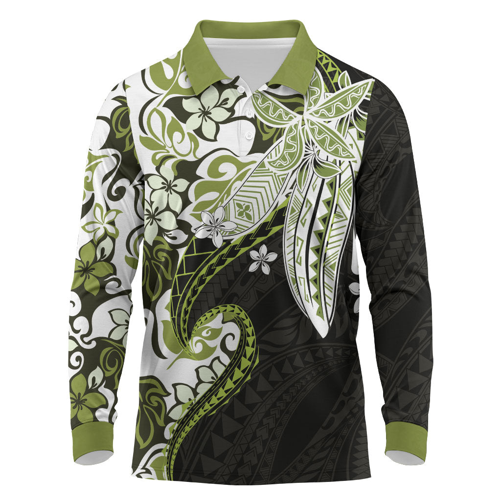 Monstera Plumeria Flowers Olive Green Long Sleeve Polo Shirt Polynesian Pattern
