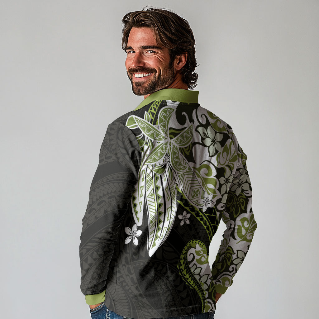 Monstera Plumeria Flowers Olive Green Long Sleeve Polo Shirt Polynesian Pattern