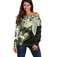 Monstera Plumeria Flowers Olive Green Off Shoulder Sweater Polynesian Pattern