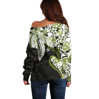 Monstera Plumeria Flowers Olive Green Off Shoulder Sweater Polynesian Pattern