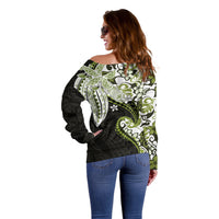 Monstera Plumeria Flowers Olive Green Off Shoulder Sweater Polynesian Pattern