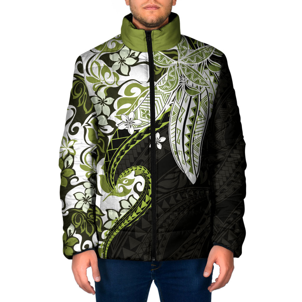 Monstera Plumeria Flowers Olive Green Padded Jacket Polynesian Pattern