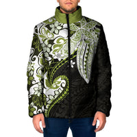 Monstera Plumeria Flowers Olive Green Padded Jacket Polynesian Pattern