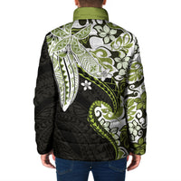 Monstera Plumeria Flowers Olive Green Padded Jacket Polynesian Pattern