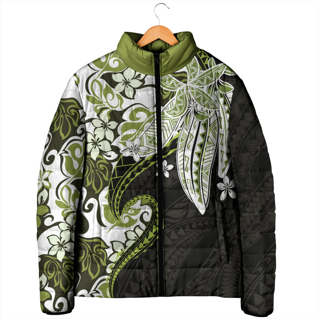 Monstera Plumeria Flowers Olive Green Padded Jacket Polynesian Pattern
