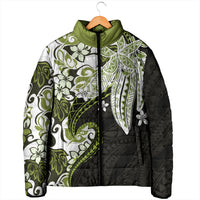 Monstera Plumeria Flowers Olive Green Padded Jacket Polynesian Pattern