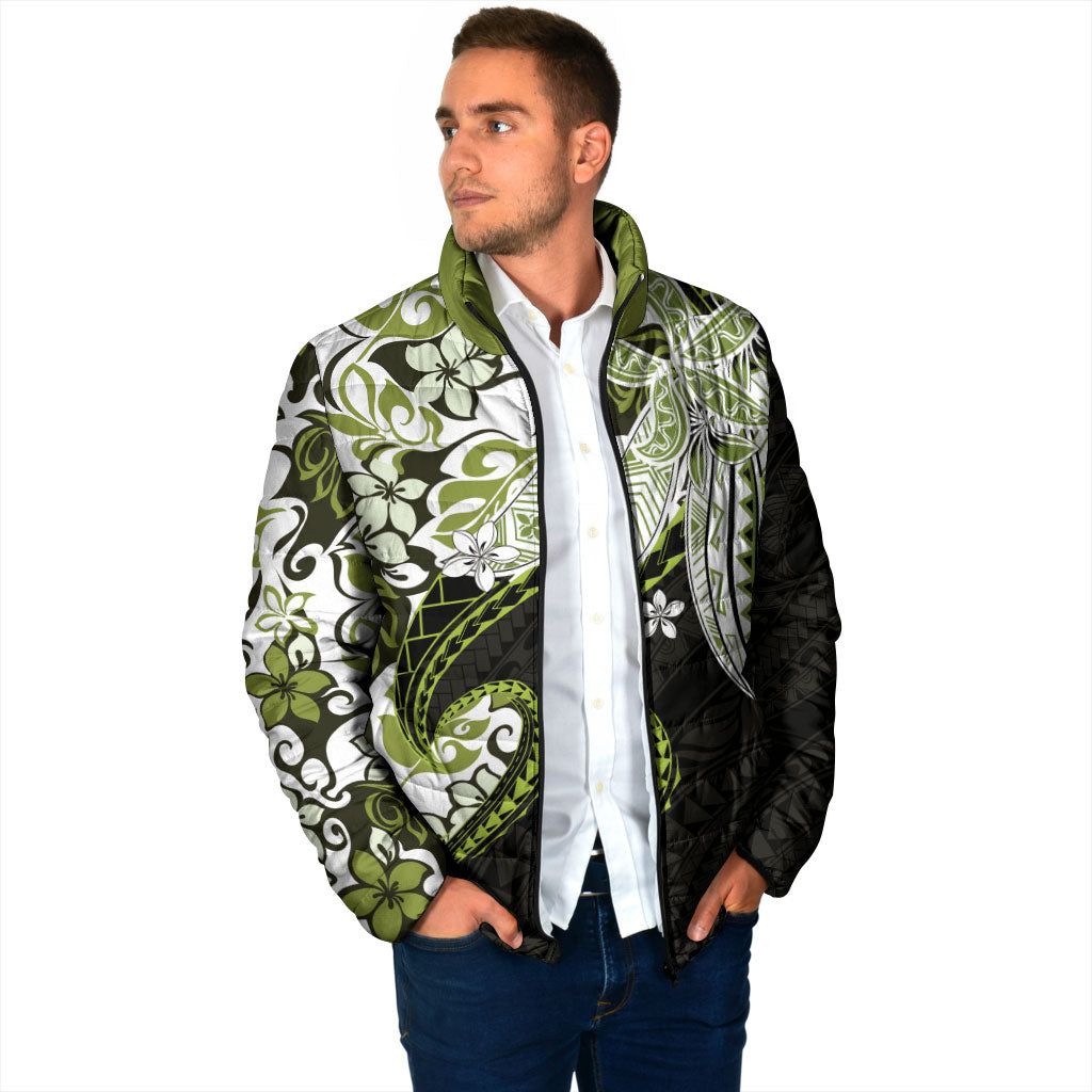 Monstera Plumeria Flowers Olive Green Padded Jacket Polynesian Pattern