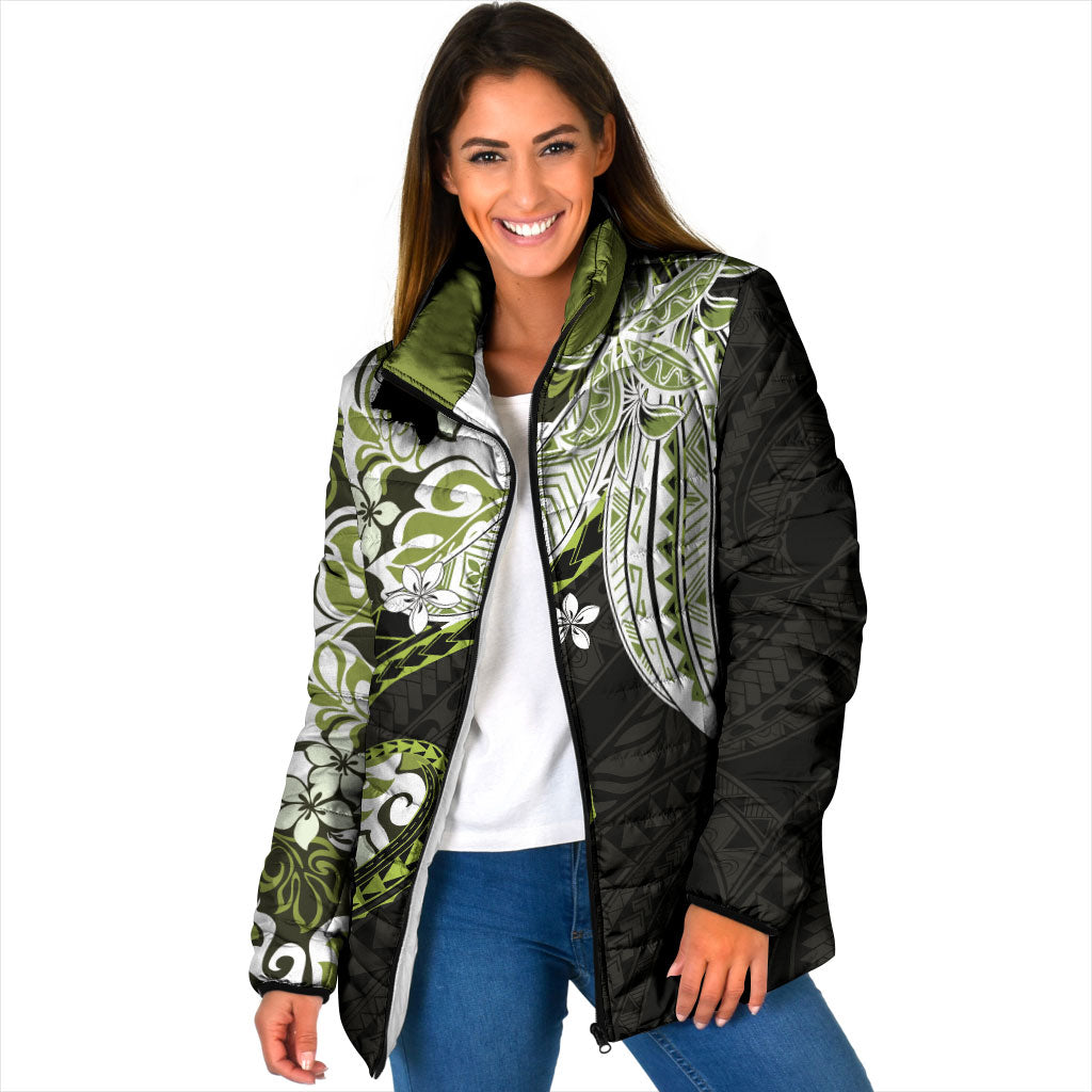 Monstera Plumeria Flowers Olive Green Padded Jacket Polynesian Pattern