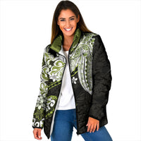 Monstera Plumeria Flowers Olive Green Padded Jacket Polynesian Pattern