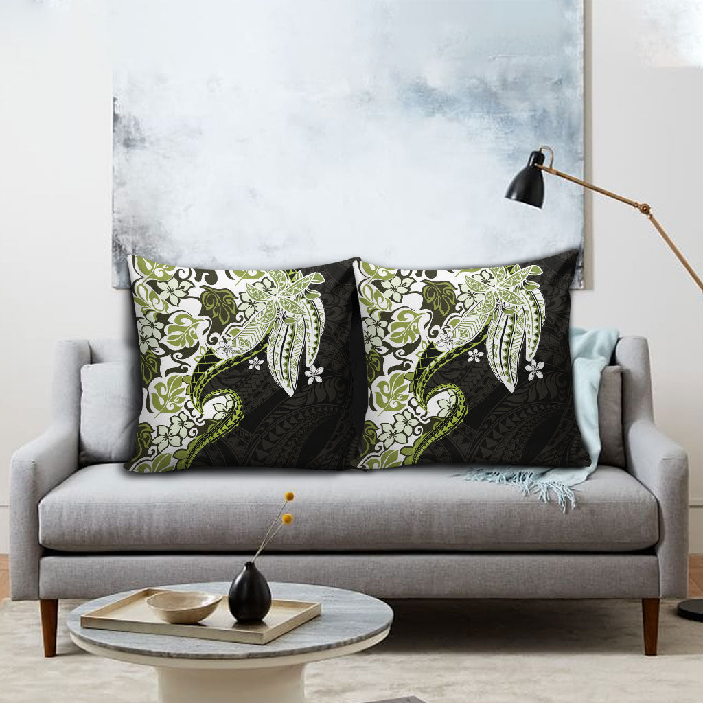 Monstera Plumeria Flowers Olive Green Pillow Cover Polynesian Pattern