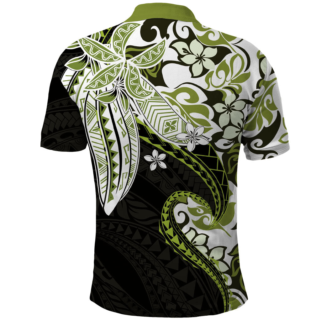 Monstera Plumeria Flowers Olive Green Polo Shirt Polynesian Pattern