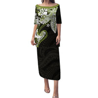 Monstera Plumeria Flowers Olive Green Puletasi Polynesian Pattern