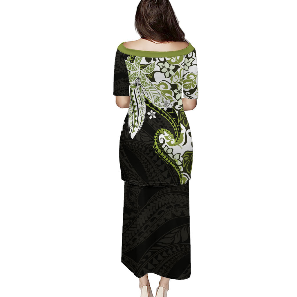 Monstera Plumeria Flowers Olive Green Puletasi Polynesian Pattern