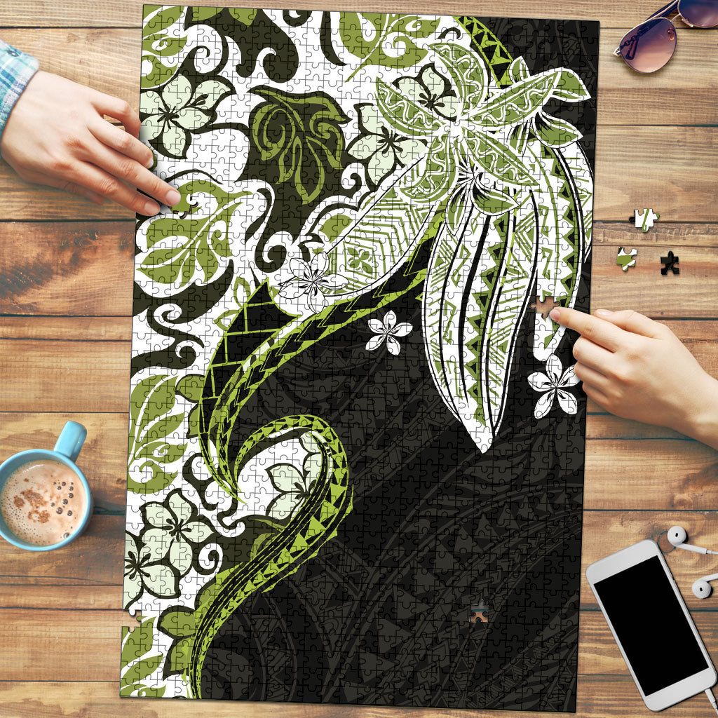 Monstera Plumeria Flowers Olive Green Puzzle Polynesian Pattern