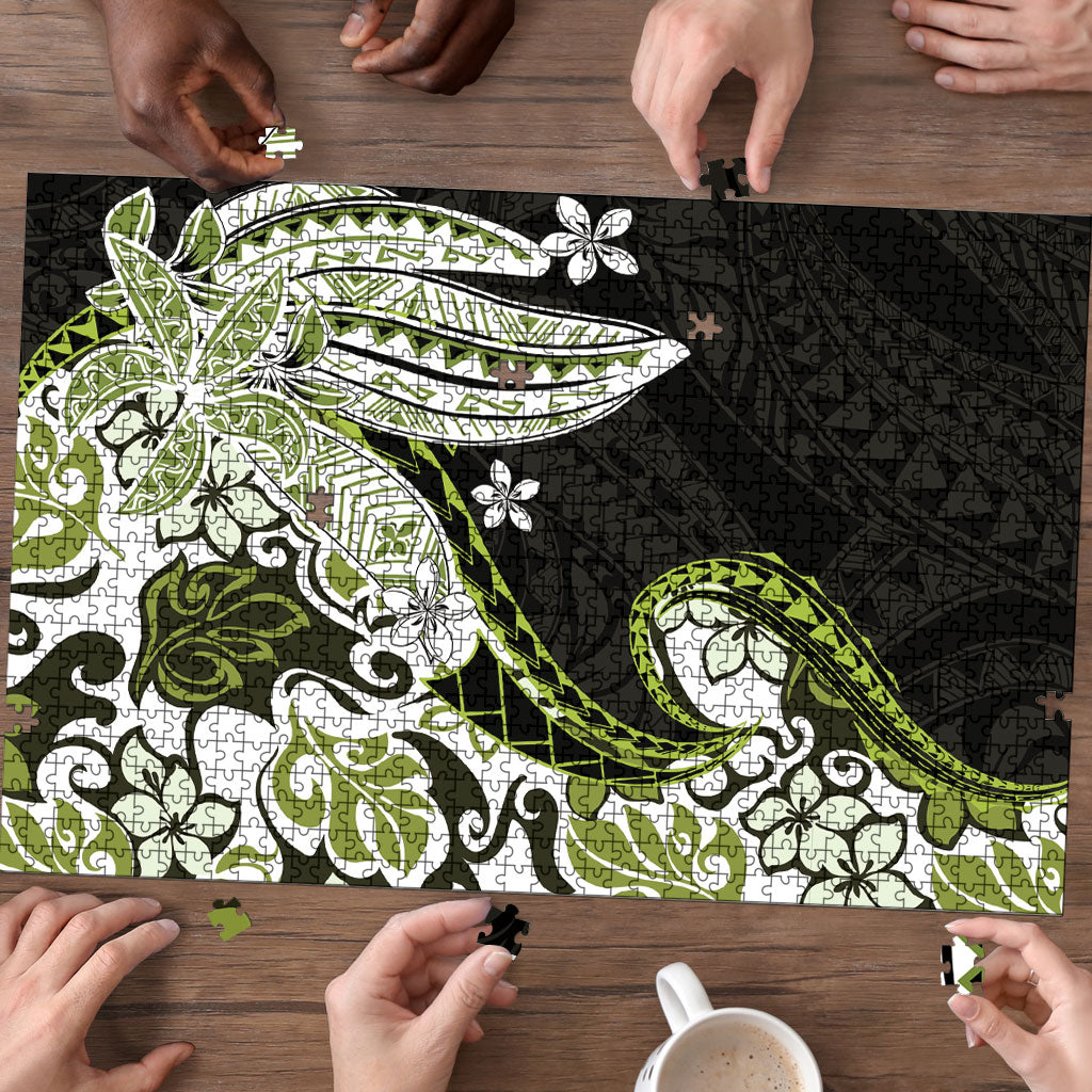 Monstera Plumeria Flowers Olive Green Puzzle Polynesian Pattern