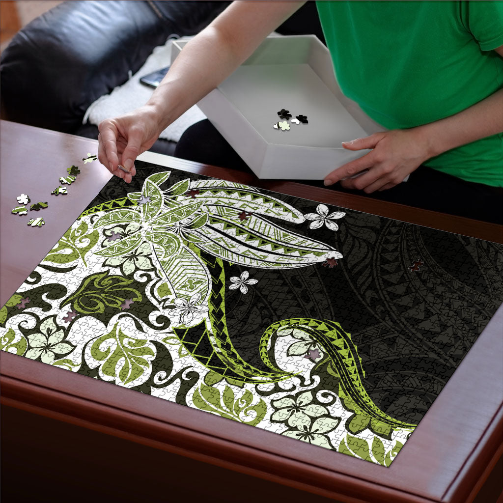 Monstera Plumeria Flowers Olive Green Puzzle Polynesian Pattern