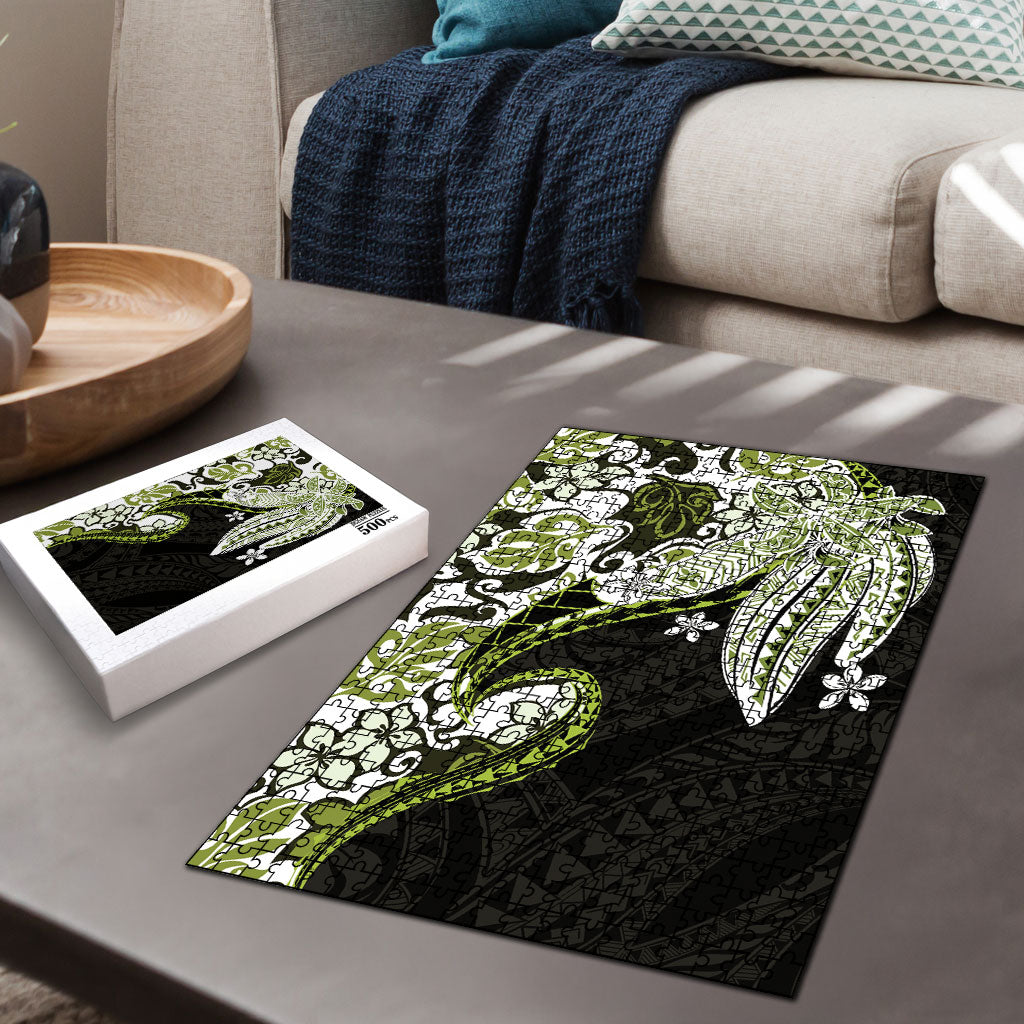 Monstera Plumeria Flowers Olive Green Puzzle Polynesian Pattern