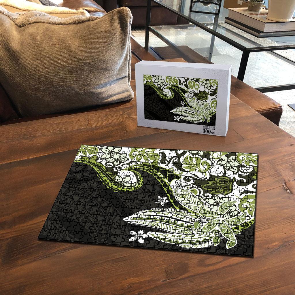 Monstera Plumeria Flowers Olive Green Puzzle Polynesian Pattern
