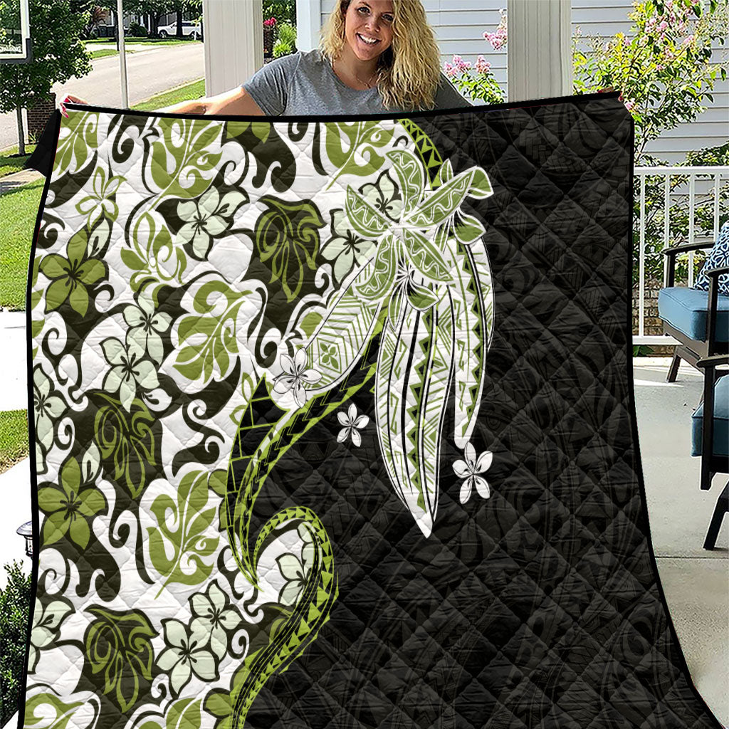 Monstera Plumeria Flowers Olive Green Quilt Polynesian Pattern