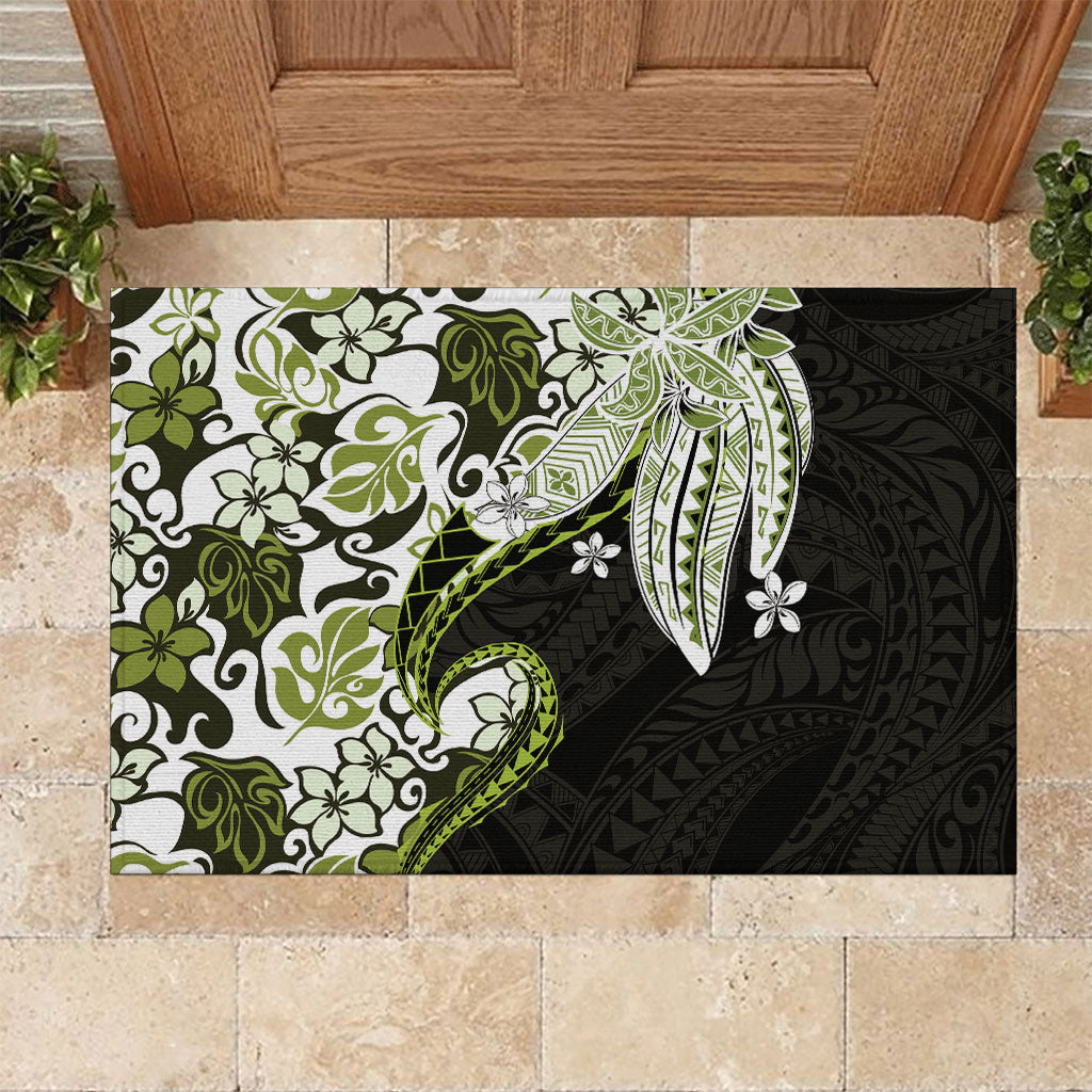 Monstera Plumeria Flowers Olive Green Rubber Doormat Polynesian Pattern