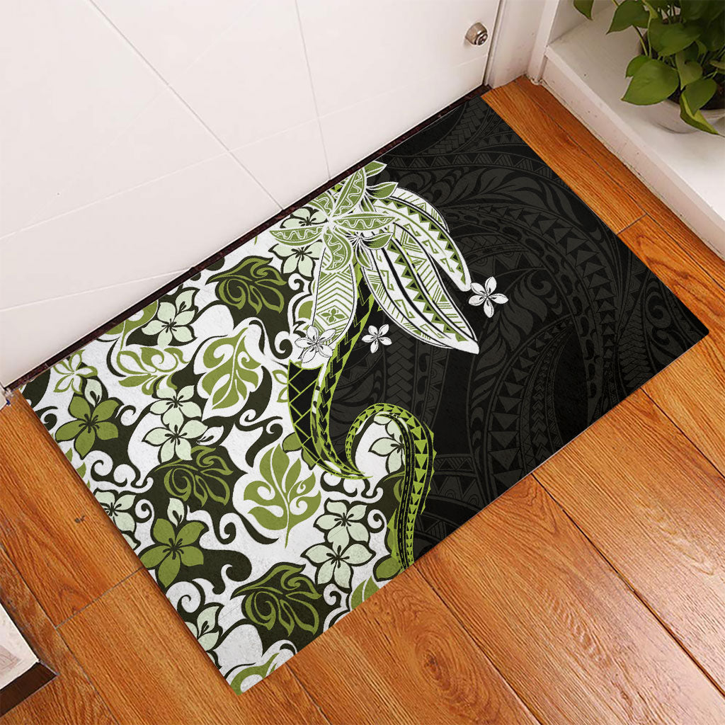 Monstera Plumeria Flowers Olive Green Rubber Doormat Polynesian Pattern