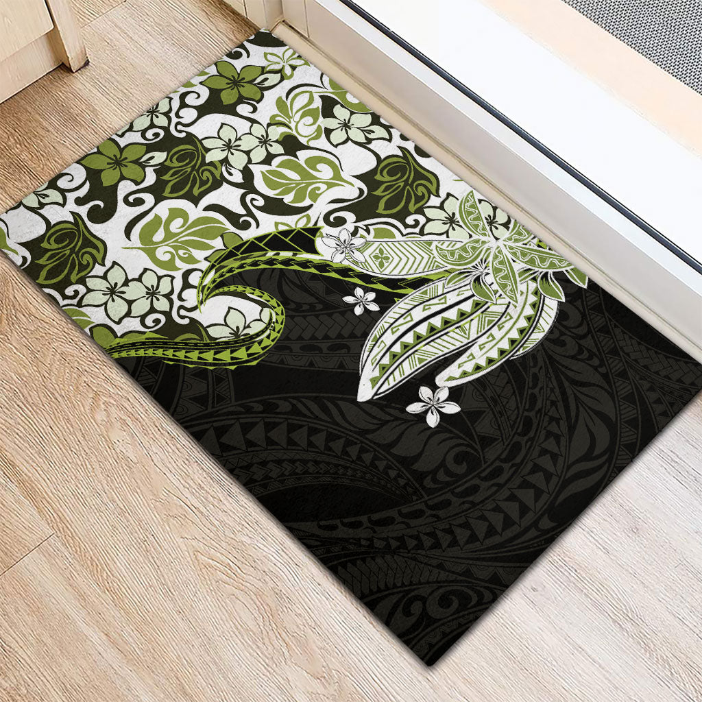 Monstera Plumeria Flowers Olive Green Rubber Doormat Polynesian Pattern