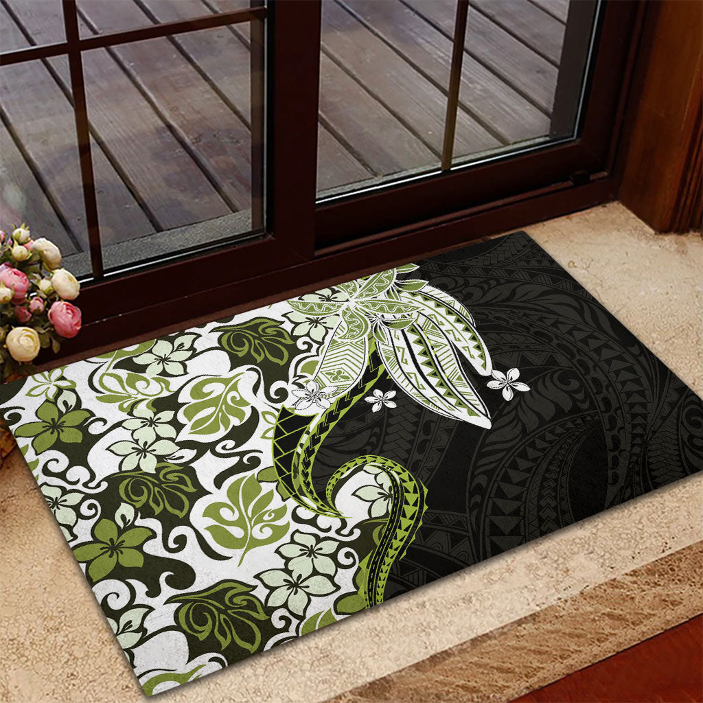 Monstera Plumeria Flowers Olive Green Rubber Doormat Polynesian Pattern