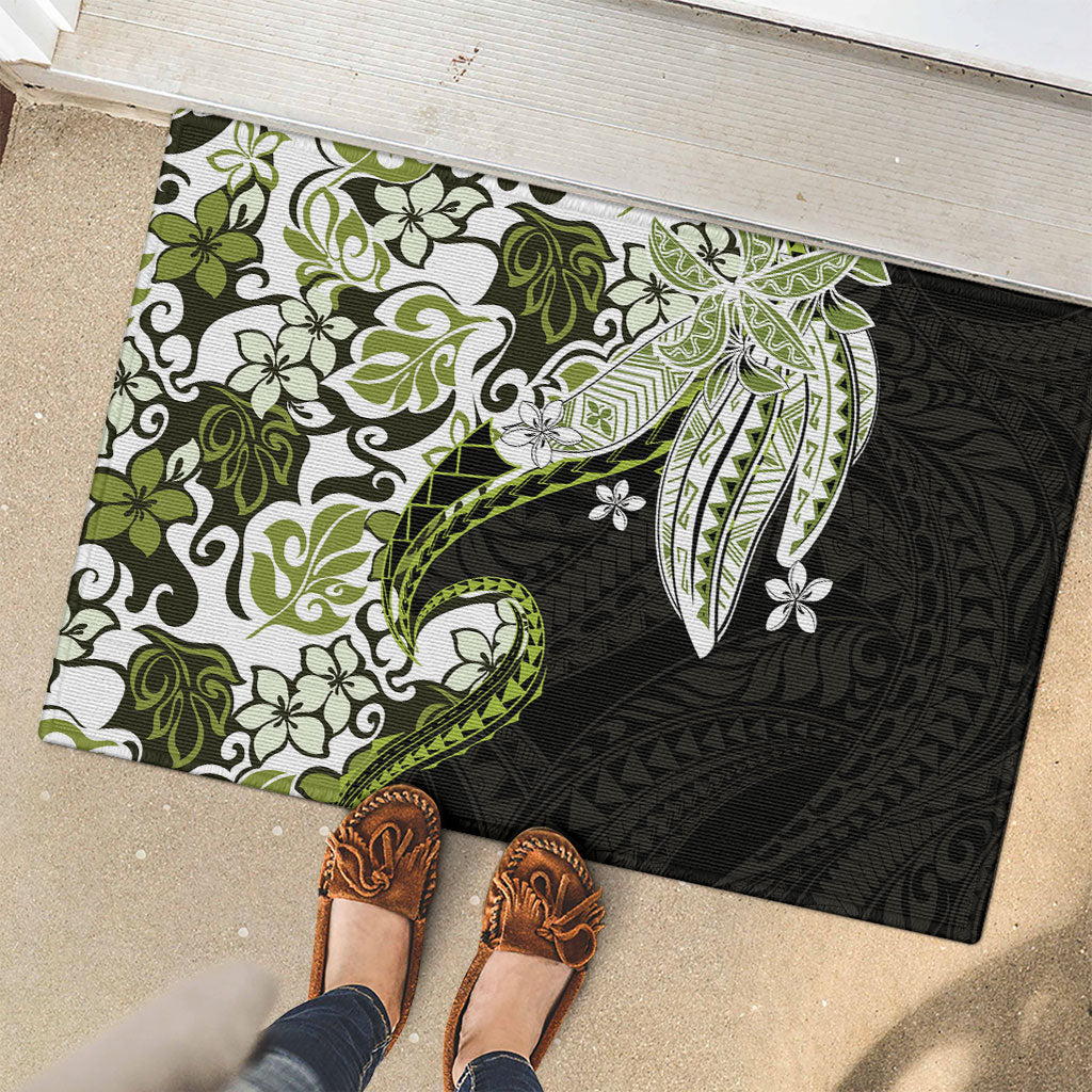 Monstera Plumeria Flowers Olive Green Rubber Doormat Polynesian Pattern
