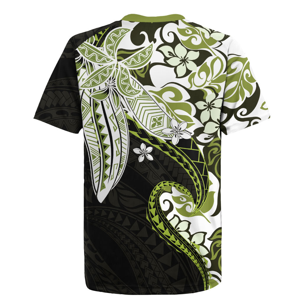 Monstera Plumeria Flowers Olive Green Rugby Jersey Polynesian Pattern